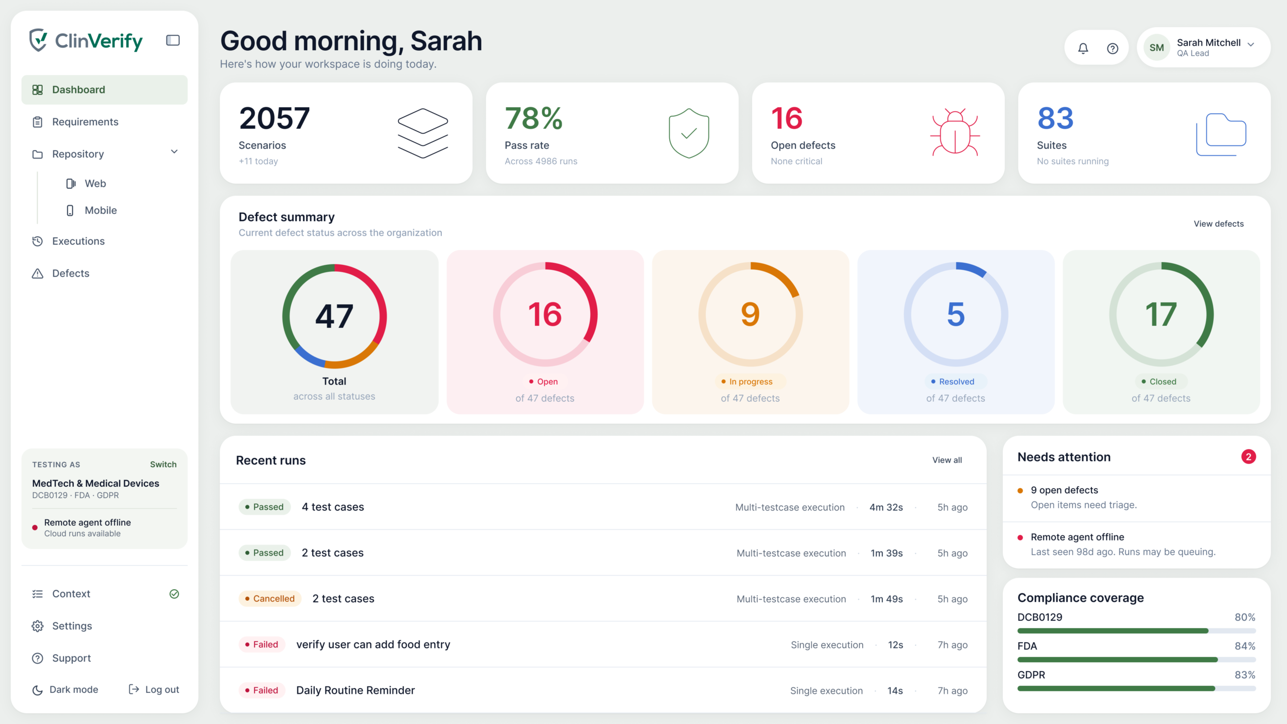 ClinVerify workspace dashboard showing scenarios, pass rate, open defects, defect summary and recent runs.